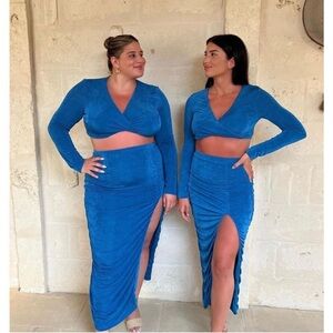 NWT SET Remi Revolve blue long sleeve crop top ruched skirt set size XS XXS